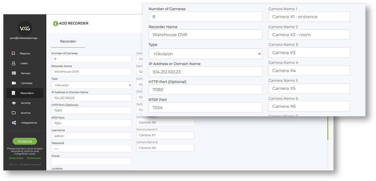 Connect directly to a DVR or NVR using a public IP address and ports and access all its cameras