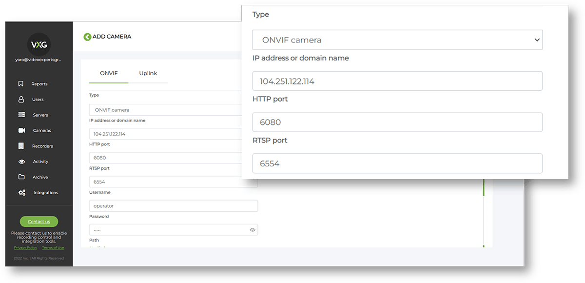 Connect directly to ONVIF IP cameras using a public IP address and ports