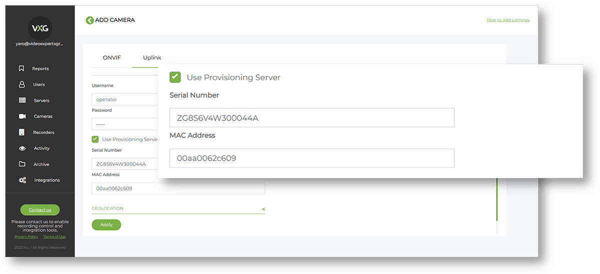 Connect to IP cameras behind routers using serial number and MAC address