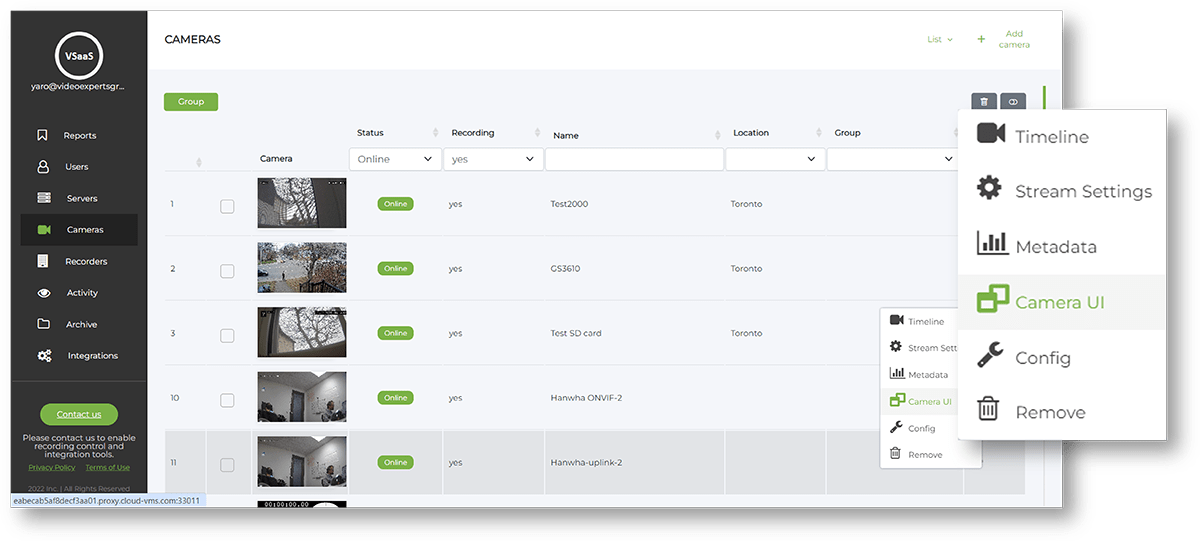 Controla todos los servicios y ajustes de la cámara, incluido el acceso a la interfaz web de la cámara.