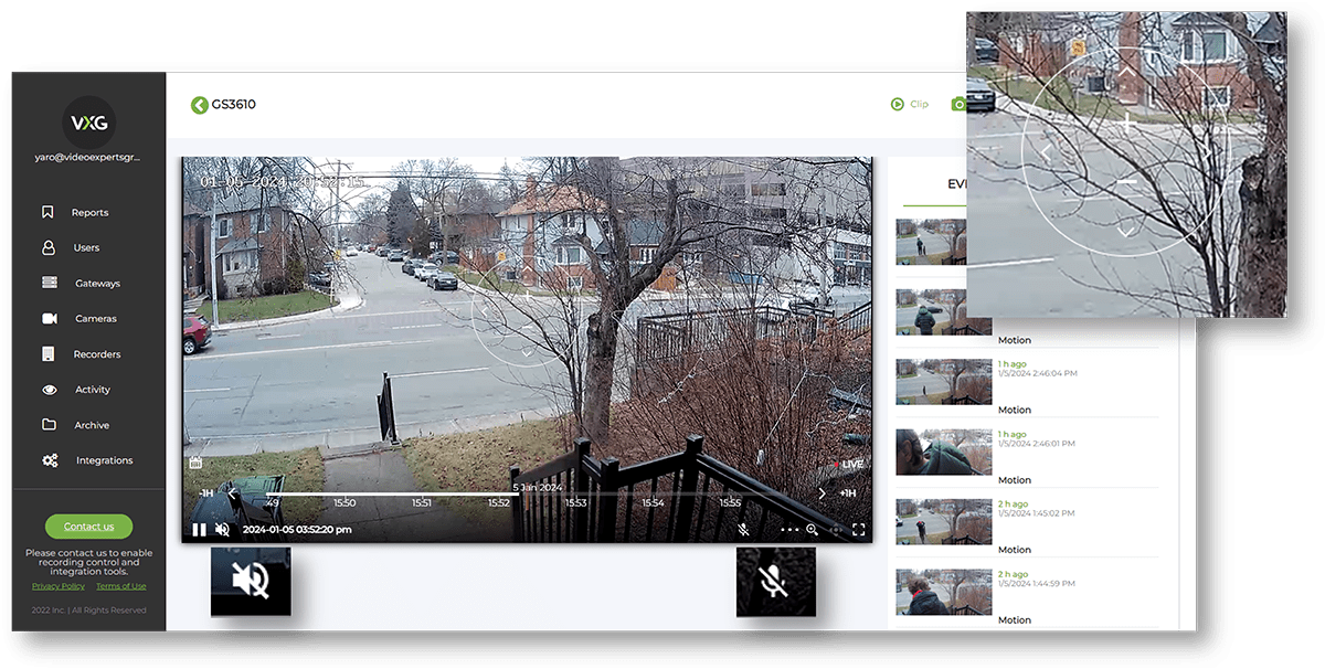 Watch live video and control your camera PTZ, audio and backward audio