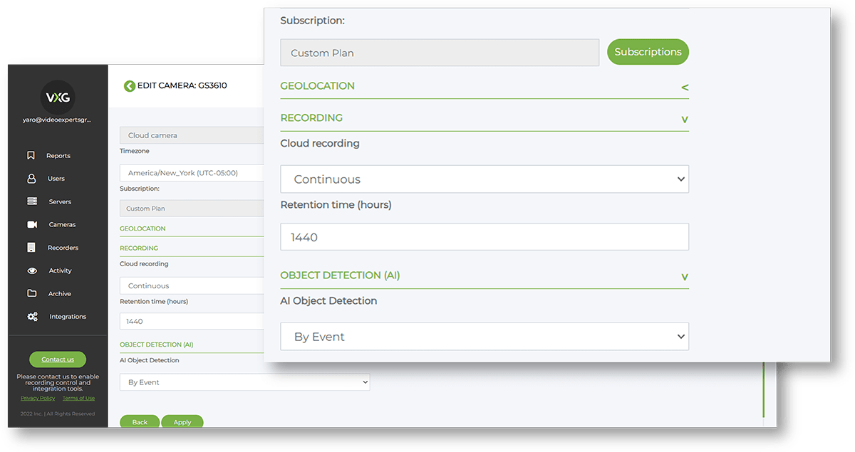 Asigne servicios en la nube como grabación o IA por cámara mediante planes predefinidos o ajustes personalizados.