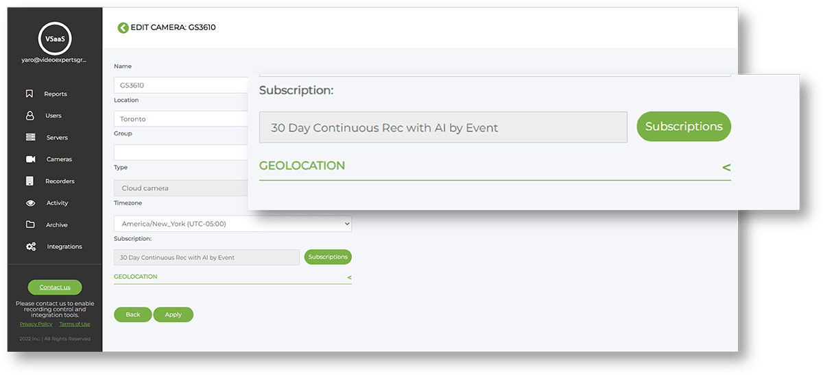 Assign cloud services such as recording or AI per camera using predefined plans or custom settings