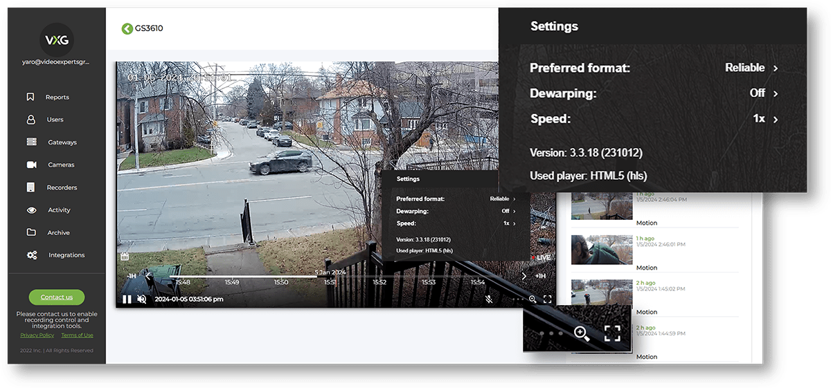 Several streaming modes, de-warping for fish eye cameras, speed, full screen, digital zoom and more